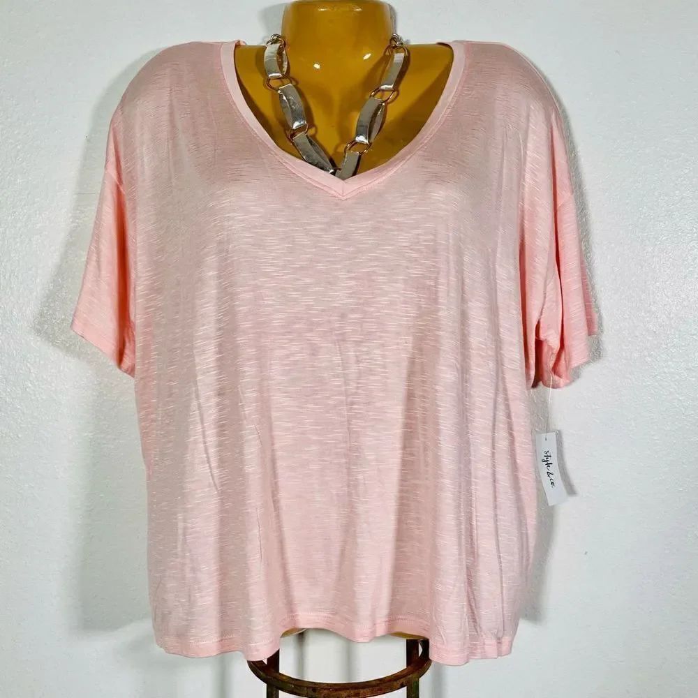 NWT Style & Co Sz L & XL Style & Co Pink Sleekly Drapey V-Neck T-Shirt Top
